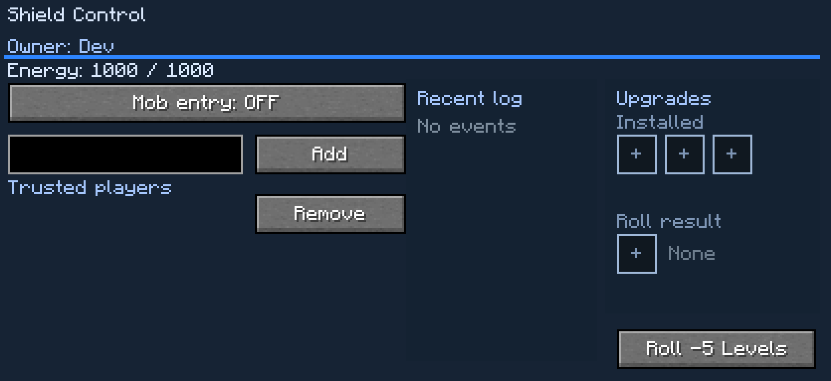 Netherite Shield Grid GUI with three upgrade slots.