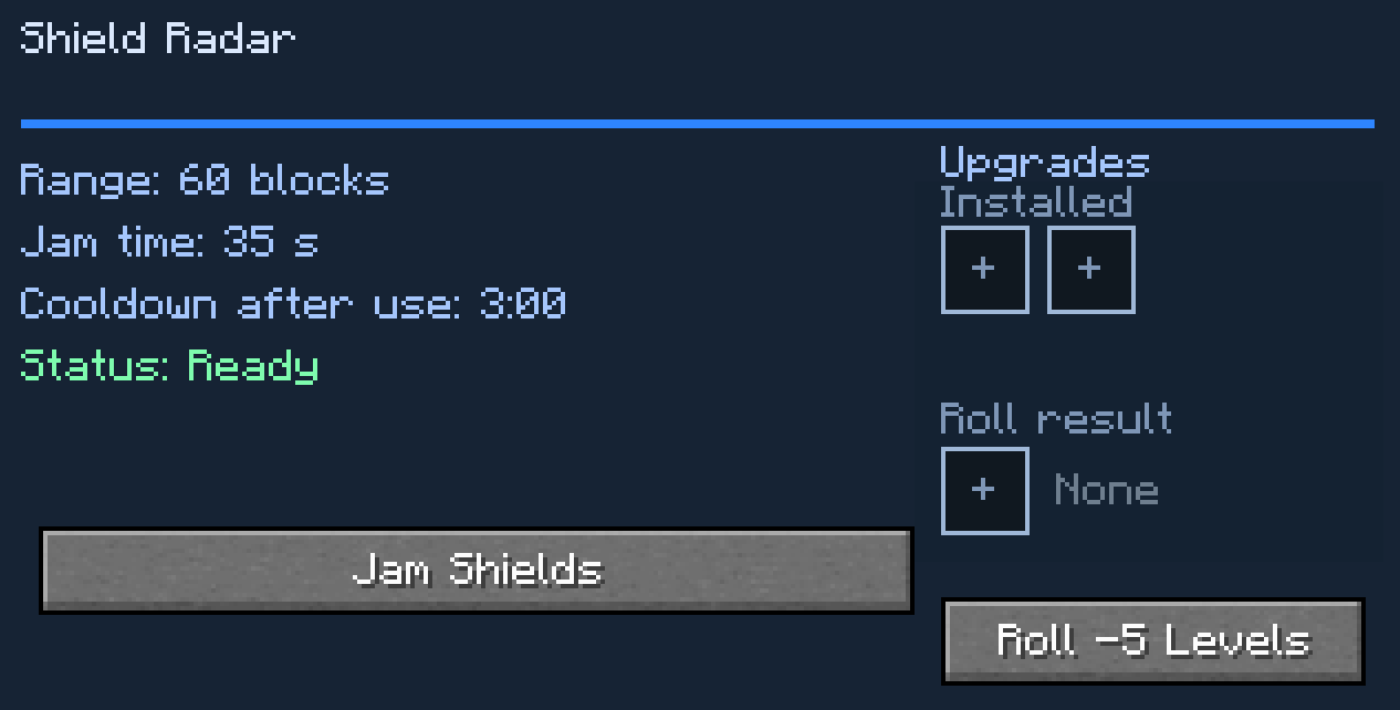 Shield Radar GUI showing range, jam duration, cooldown and upgrade slots.
